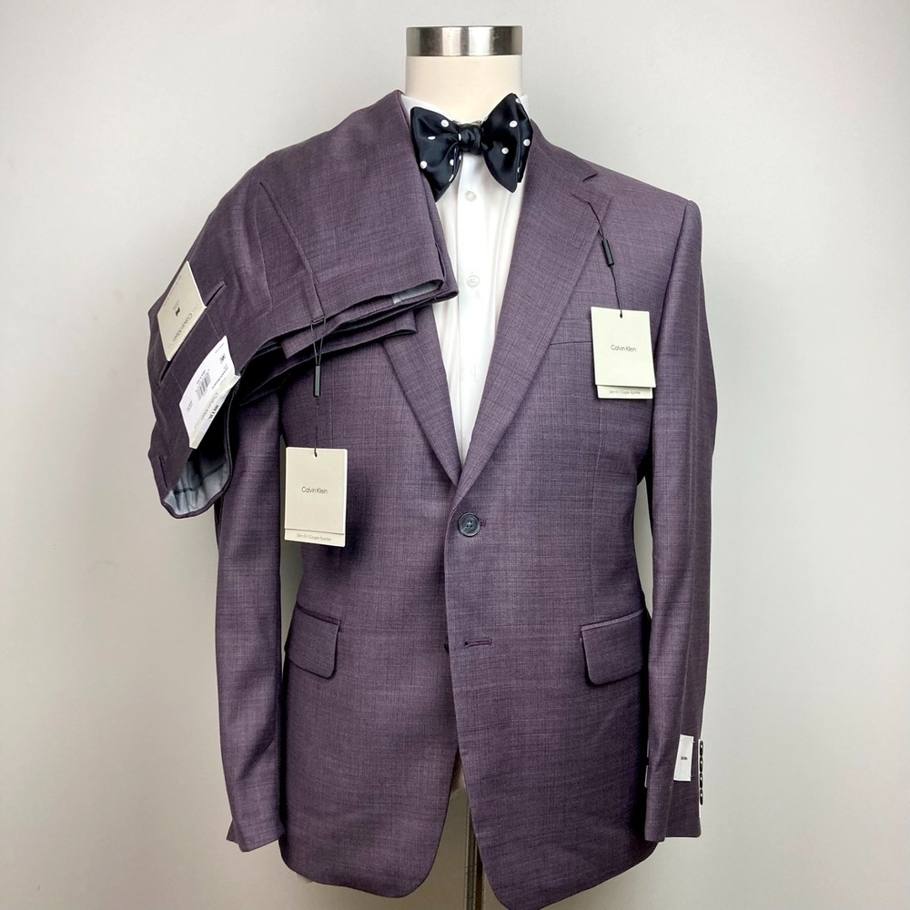 Calvin Klein Mens Suit Slim fit Wool Jacket Blazer 44S Purple Solid Pants 38x30